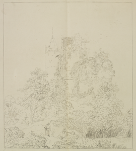 206308 Gezicht op de ruïne van het kasteel De Haar bij Haarzuilens uit het noorden, met links een gedeelte van de ...